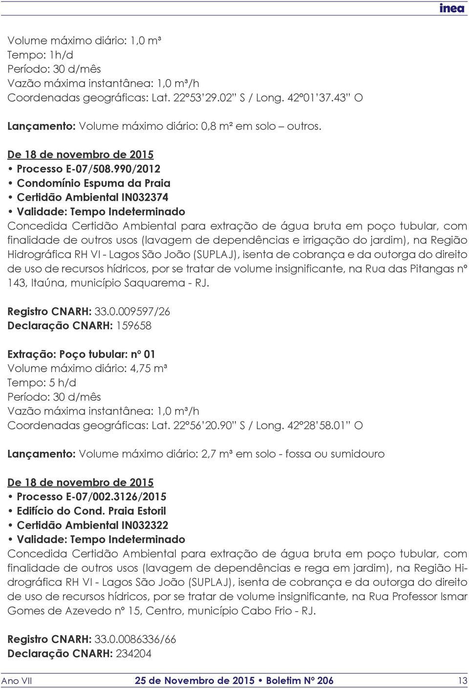 isenta de cobrança e da outorga do direito de uso de recursos hídricos, por se tratar de volume insignificante, na Rua das Pitangas nº 143, Itaúna, município Saquarema - RJ. Registro CNARH: 33.0.