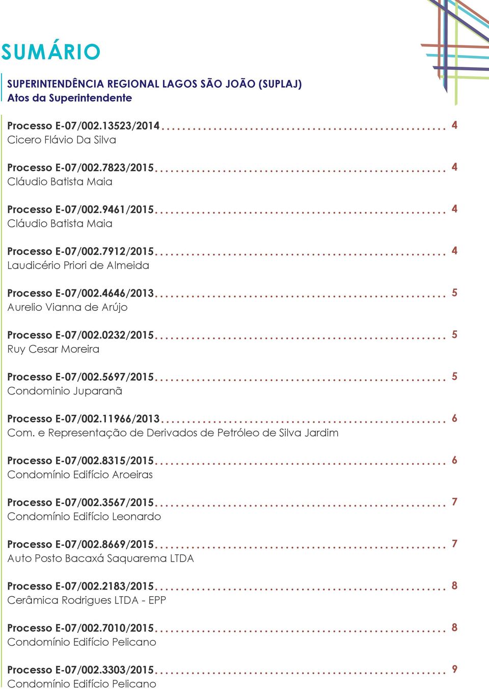 4646/2013 Aurelio Vianna de Arújo Processo E-07/002.0232/2015 Ruy Cesar Moreira Processo E-07/002.5697/2015 Condominio Juparanã Processo E-07/002.11966/2013 Com.