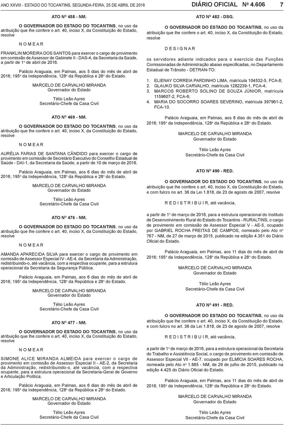 partir de 1 o de abril de 2016. Palácio Araguaia, em Palmas, aos 5 dias do mês de abril de 2016; 195 o da Independência, 128 o da República e 28 o do Estado.