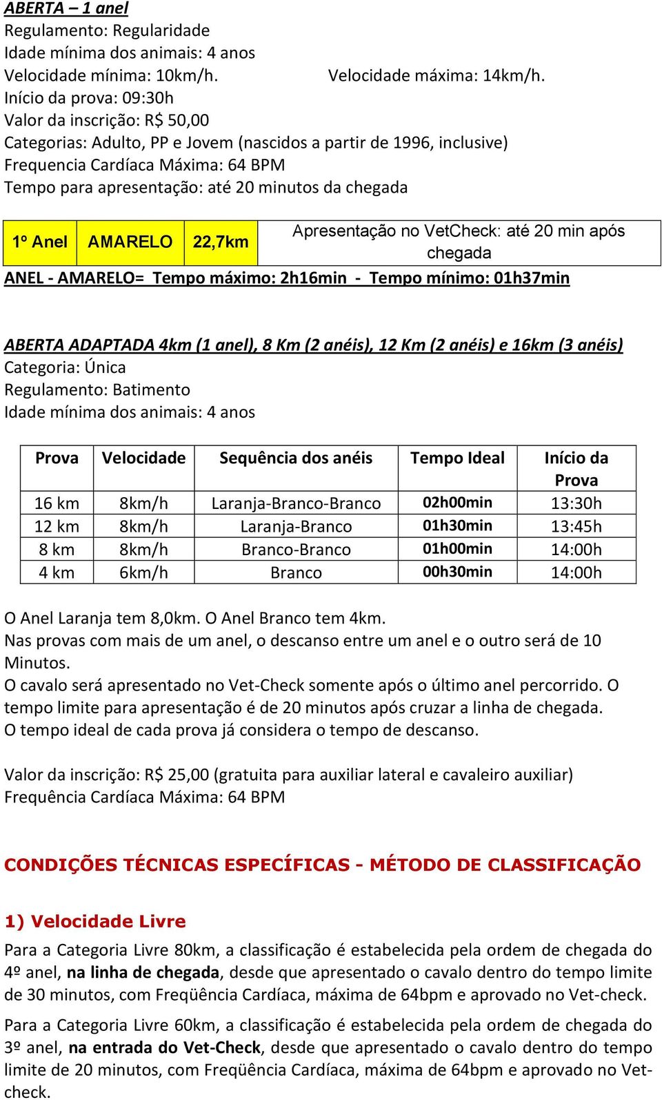 da chegada Apresentação no VetCheck: até 20 min após 1º Anel AMARELO 22,7km chegada ANEL - AMARELO= Tempo máximo: 2h16min - Tempo mínimo: 01h37min ABERTA ADAPTADA 4km (1 anel), 8 Km (2 anéis), 12 Km