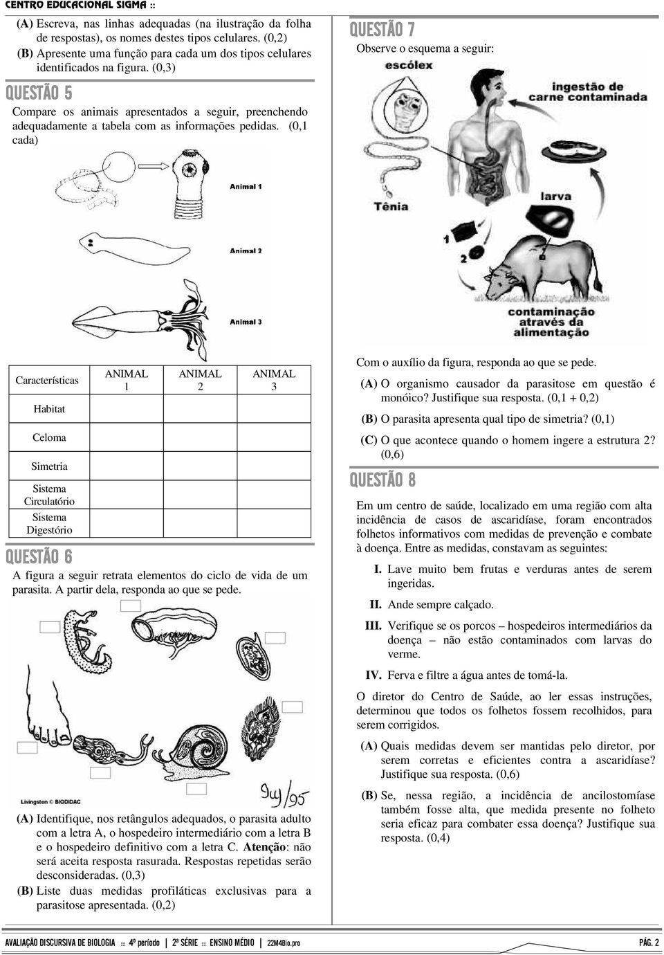 (0, cada) QUESTÃO 7 Observe o esquema a seguir: Características Habitat Celoma Simetria Circulatório Digestório QUESTÃO 6 A figura a seguir retrata elementos do ciclo de vida de um parasita.