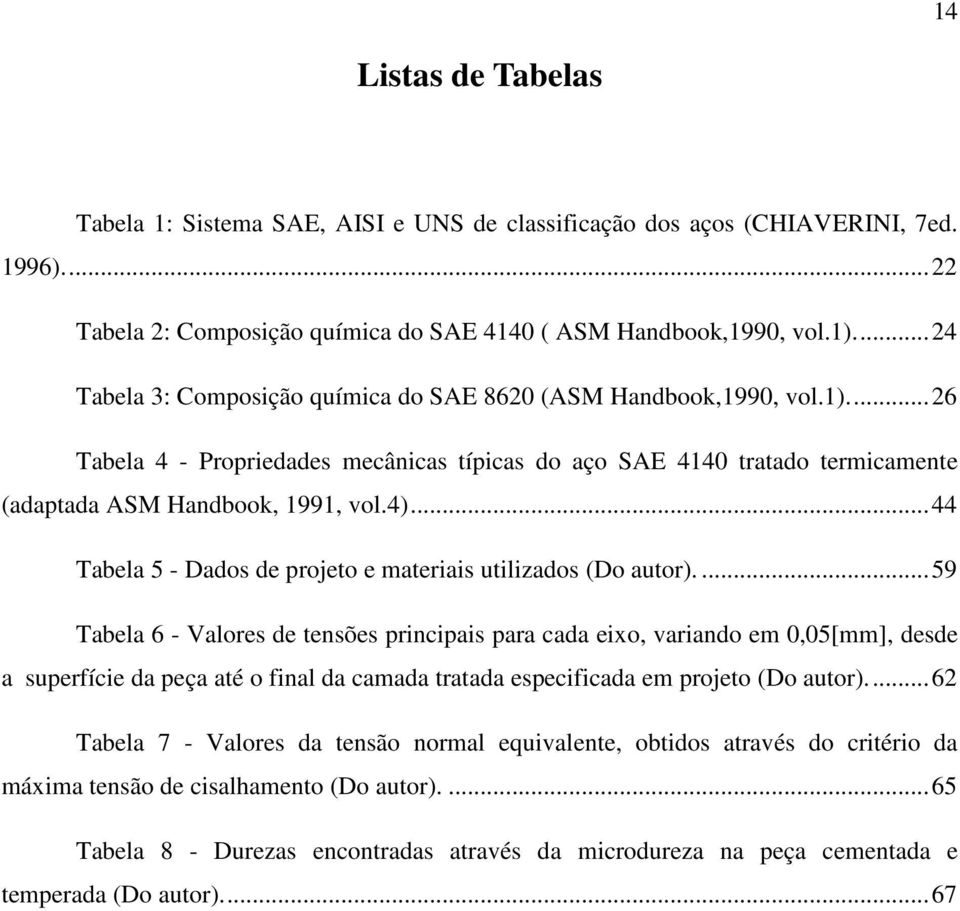 .. 44 Tabela 5 - Dados de projeto e materiais utilizados (Do autor).