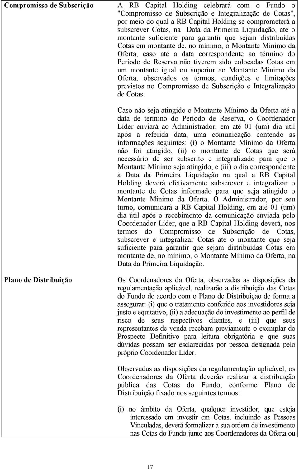 do Período de Reserva não tiverem sido colocadas Cotas em um montante igual ou superior ao Montante Mínimo da Oferta, observados os termos, condições e limitações previstos no Compromisso de