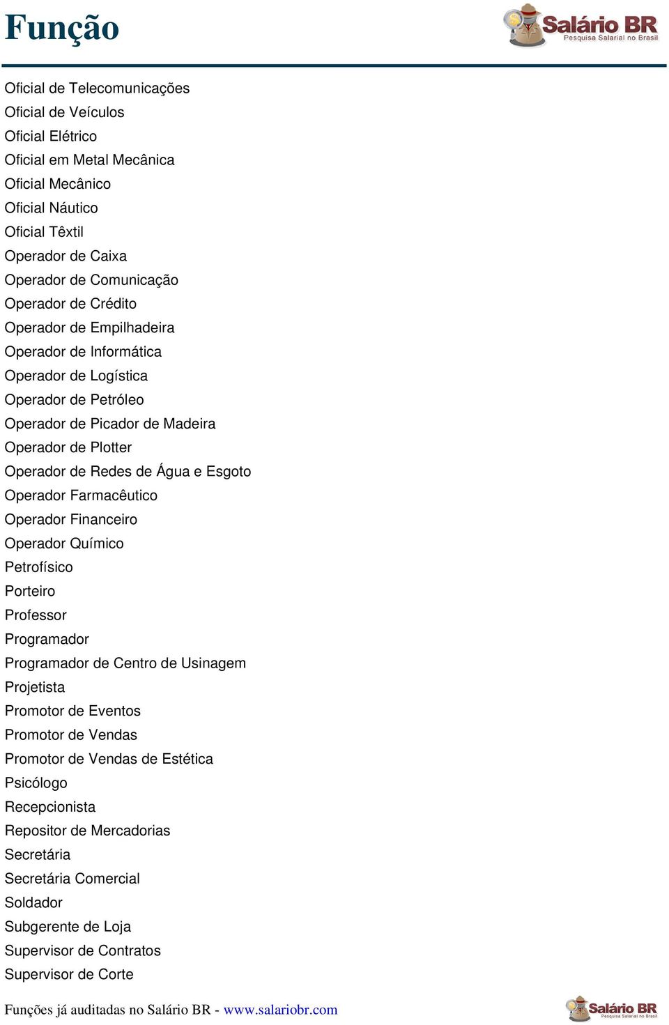 Água e Esgoto Operador Farmacêutico Operador Financeiro Operador Químico Petrofísico Porteiro Professor Programador Programador de Centro de Usinagem Projetista Promotor de Eventos