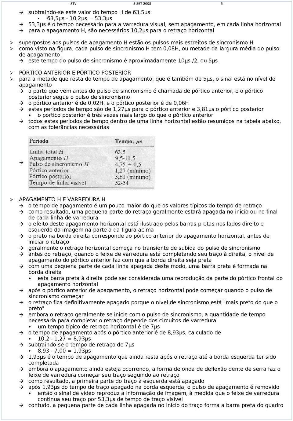 tem 0,08H, ou metade da largura média do pulso de apagamento este tempo do pulso de sincronismo é aproximadamente 10µs /2, ou 5µs PÓRTICO ANTERIOR E PÓRTICO POSTERIOR para a metade que resta do tempo