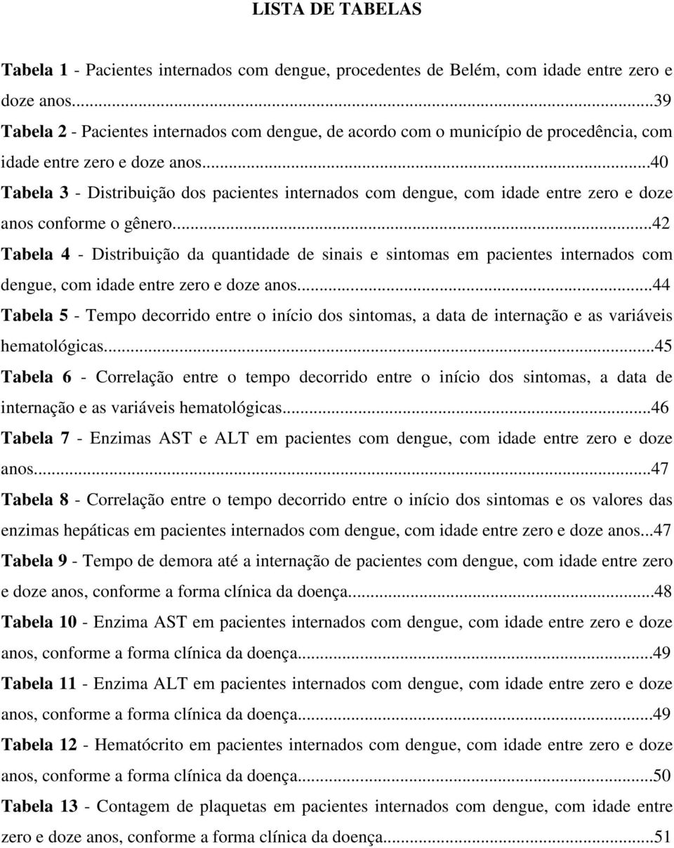 ..40 Tabela 3 - Distribuição dos pacientes internados com dengue, com idade entre zero e doze anos conforme o gênero.