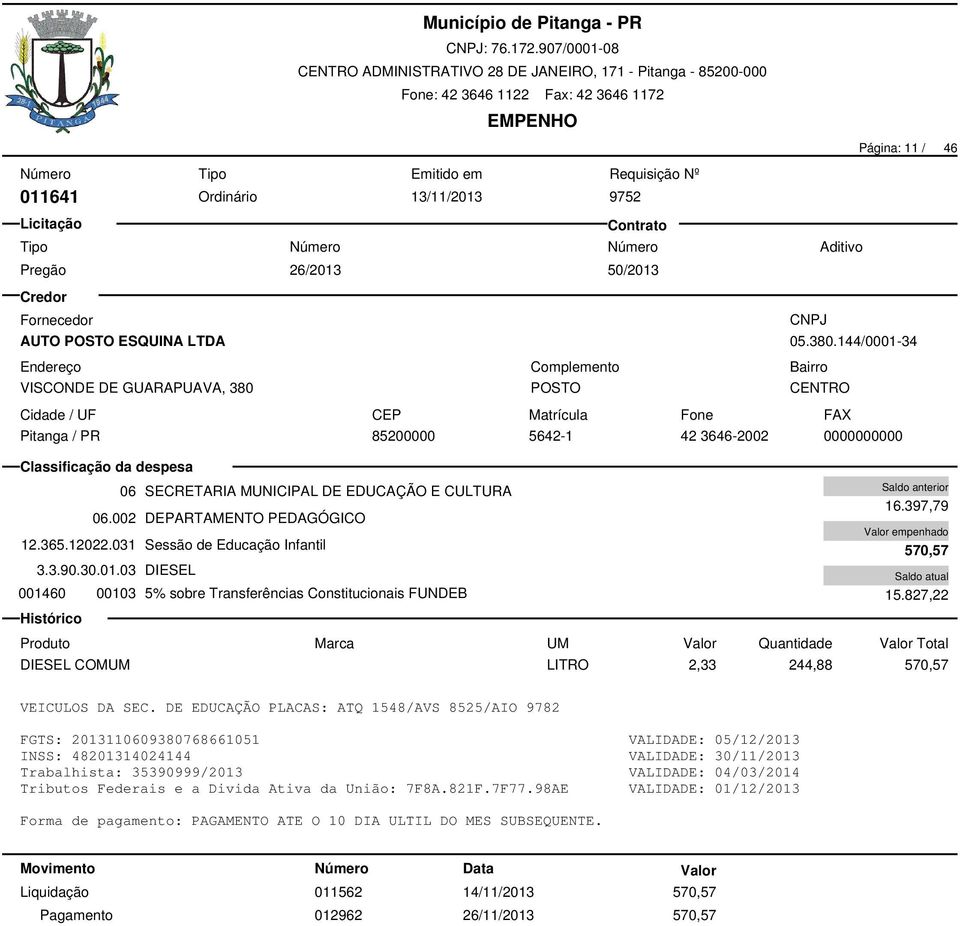 397,79 570,57 15.827,22 DIESEL COMUM LITRO 2,33 244,88 570,57 VEICULOS DA SEC.