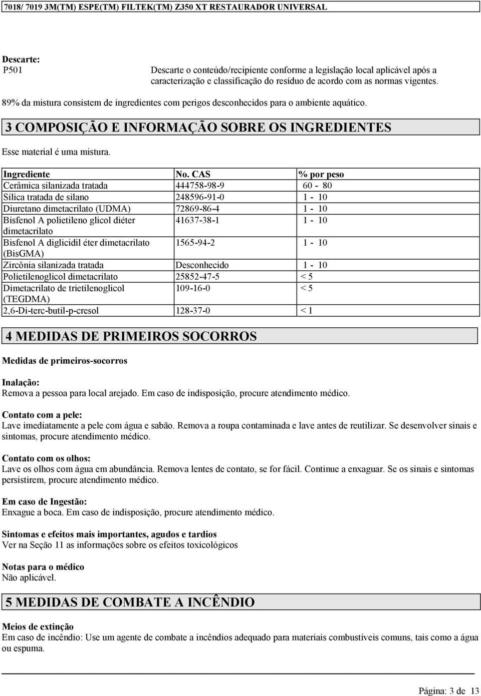 CAS % pr pes Cerâmica silanizada tratada 444758-98-9 60-80 Sílica tratada de silan 248596-91-0 1-10 Diuretan (UDMA) 72869-86-4 1-10 Bisfenl A plietilen glicl diéter 41637-38-1 1-10 Bisfenl A