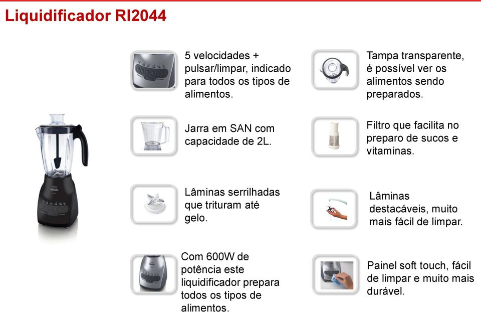 Filtro que facilita no preparo de sucos e vitaminas. Lâminas serrilhadas que trituram até gelo.