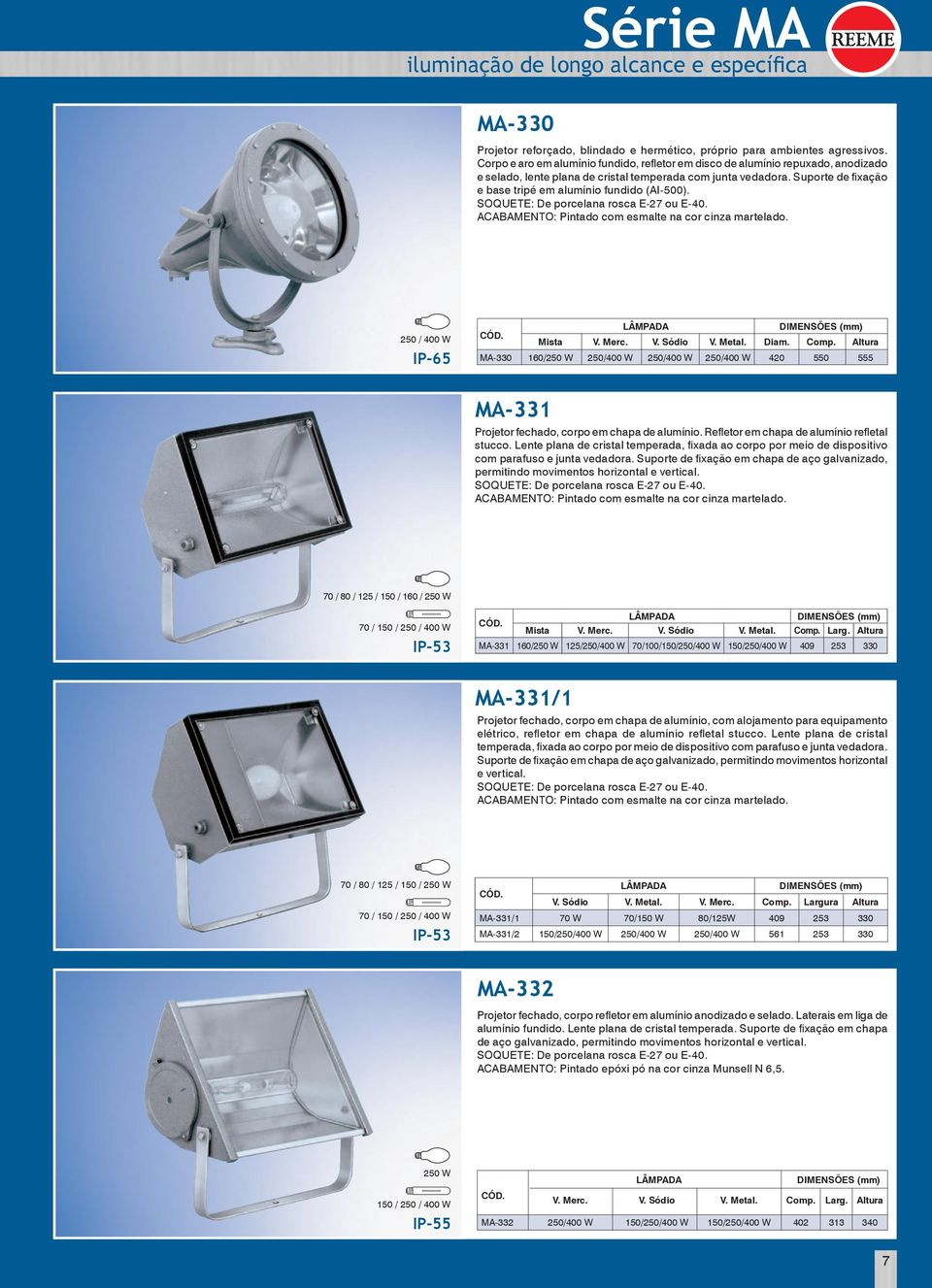 Suporte de fixação e base tripé em alumínio fundido (AI-500). IP-65 Mista V. Merc. V. Sódio V. Metal. Diam. Comp.