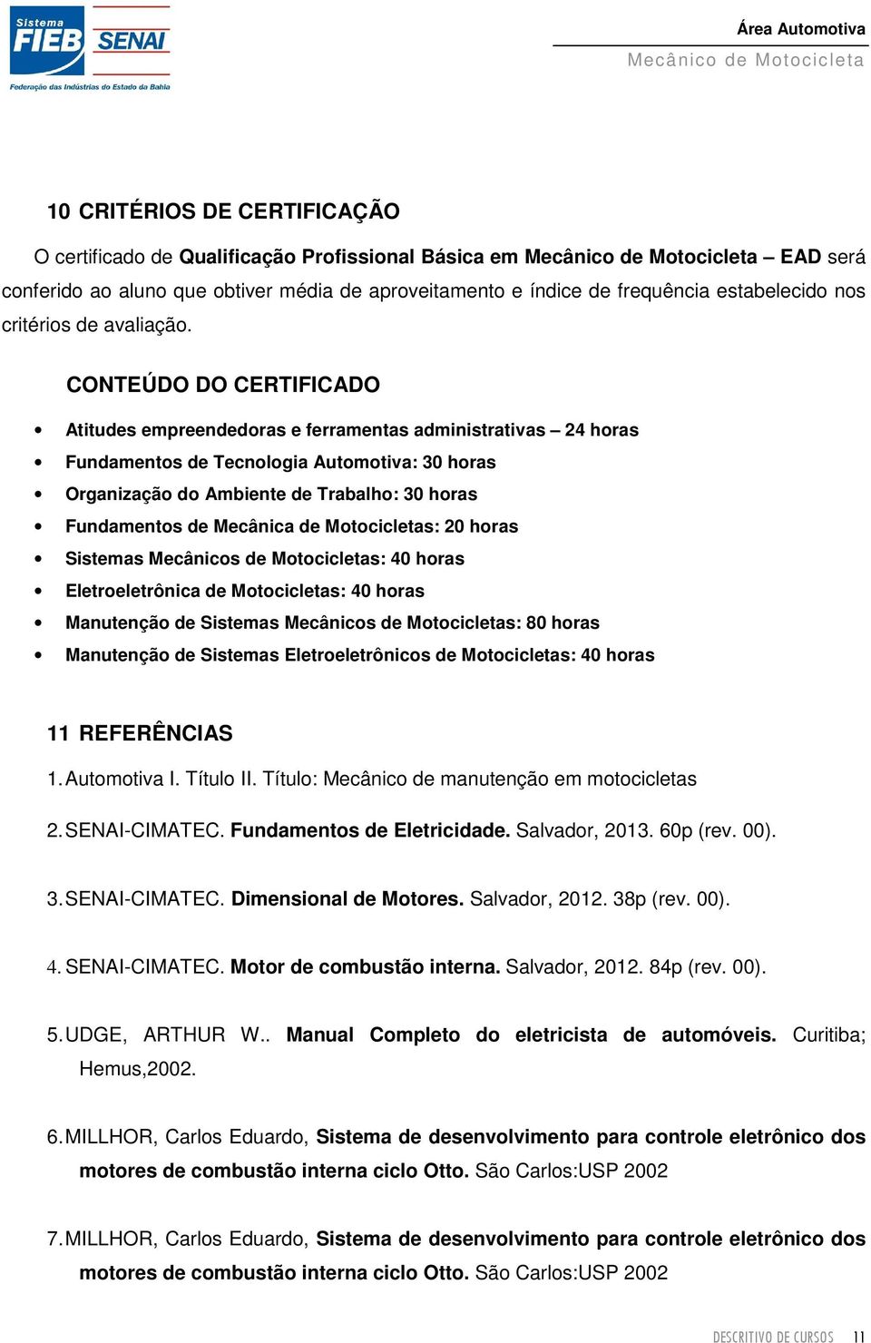 CONTEÚDO DO CERTIFICADO Atitudes empreendedoras e ferramentas administrativas 24 horas Fundamentos de Tecnologia Automotiva: 30 horas Organização do Ambiente de Trabalho: 30 horas Fundamentos de