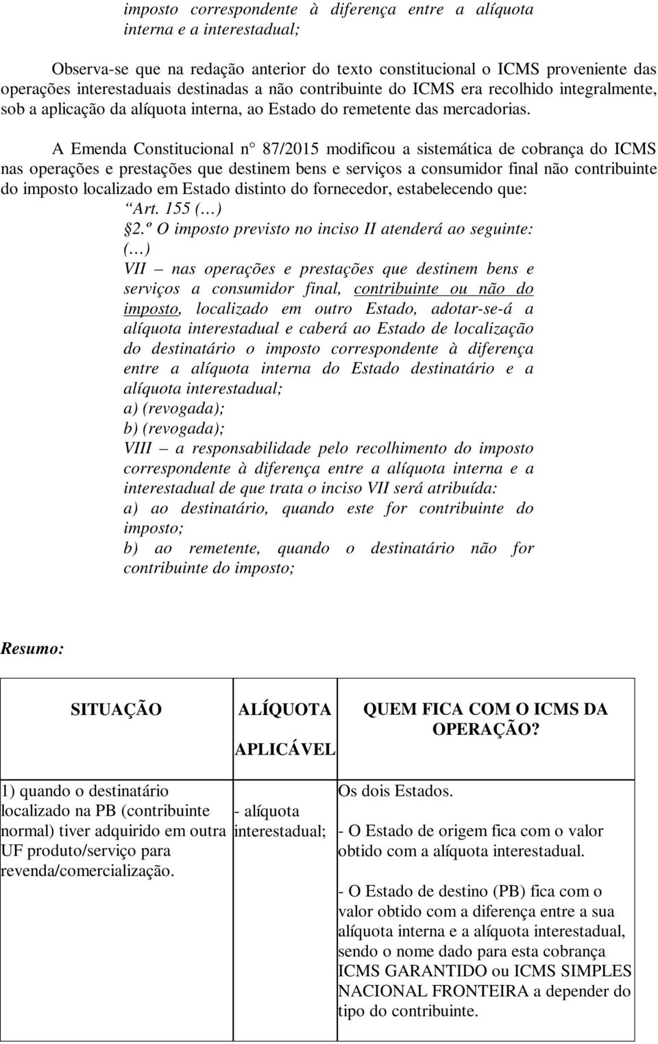 A Emenda Constitucional n 87/2015 modificou a sistemática de cobrança do ICMS nas operações e prestações que destinem bens e serviços a consumidor final não contribuinte do imposto localizado em