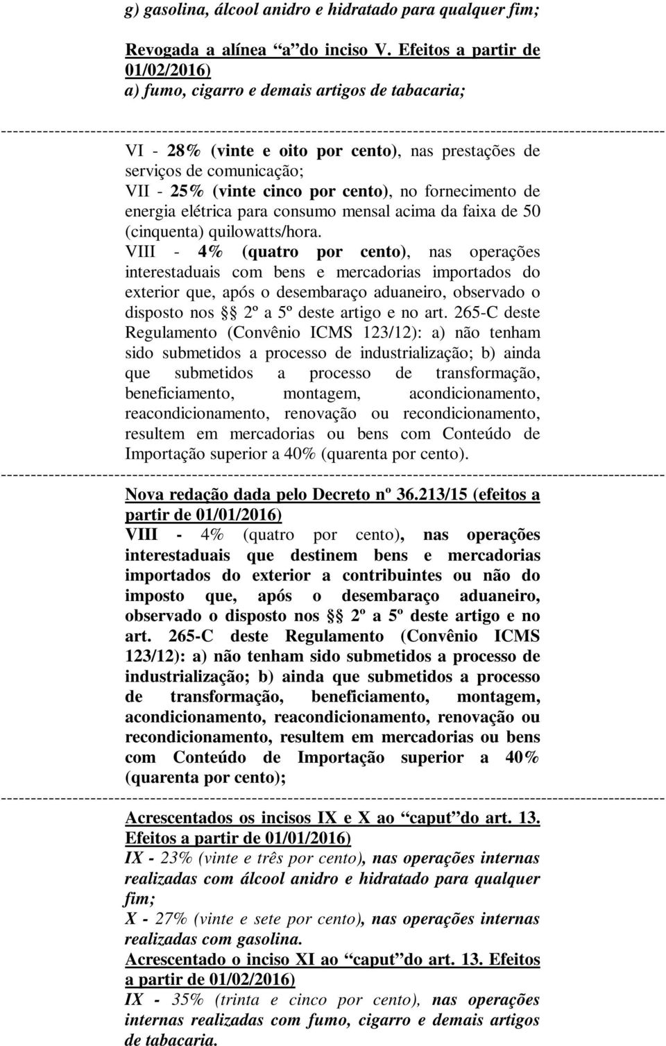 28% (vinte e oito por cento), nas prestações de serviços de comunicação; VII - 25% (vinte cinco por cento), no fornecimento de energia elétrica para consumo mensal acima da faixa de 50 (cinquenta)