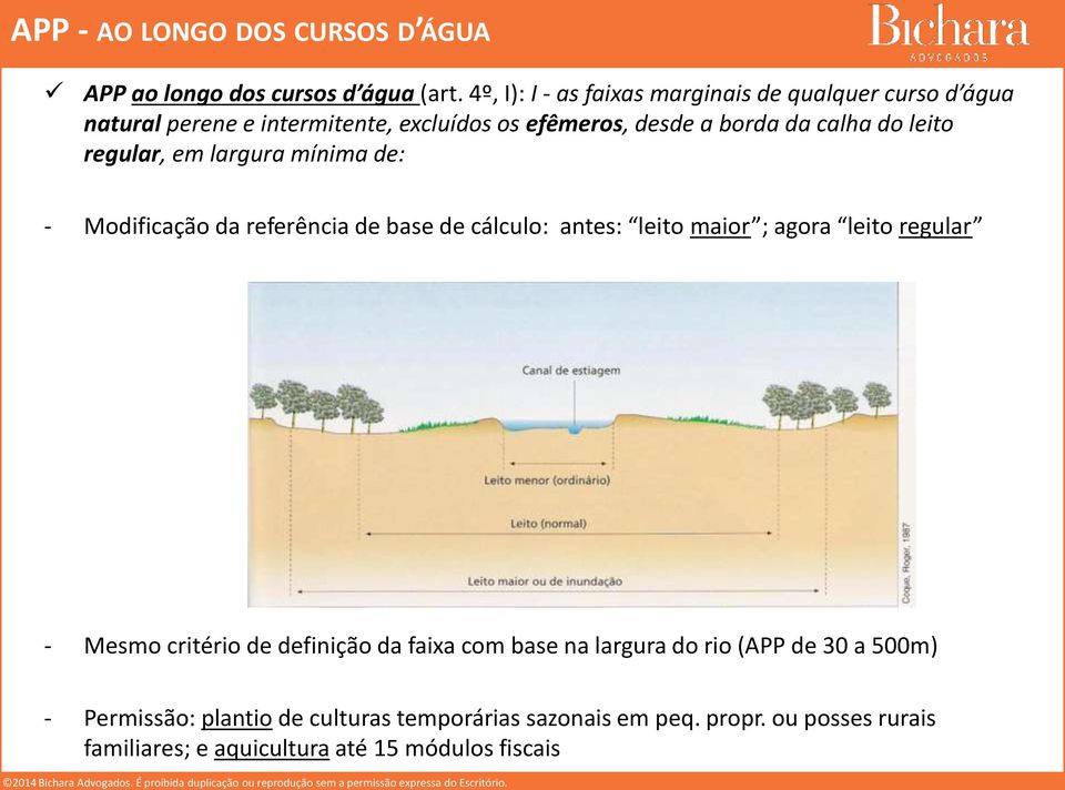 leito regular, em largura mínima de: - Modificação da referência de base de cálculo: antes: leito maior ; agora leito regular - Mesmo