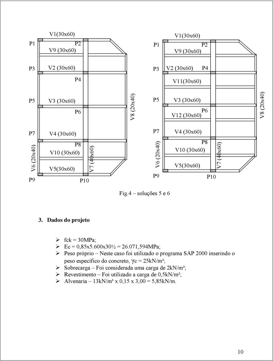 4 soluções 5 e 6 3. Dados do projeto fck = 30MPa; Ec = 0,85x5.600x30½ = 26.