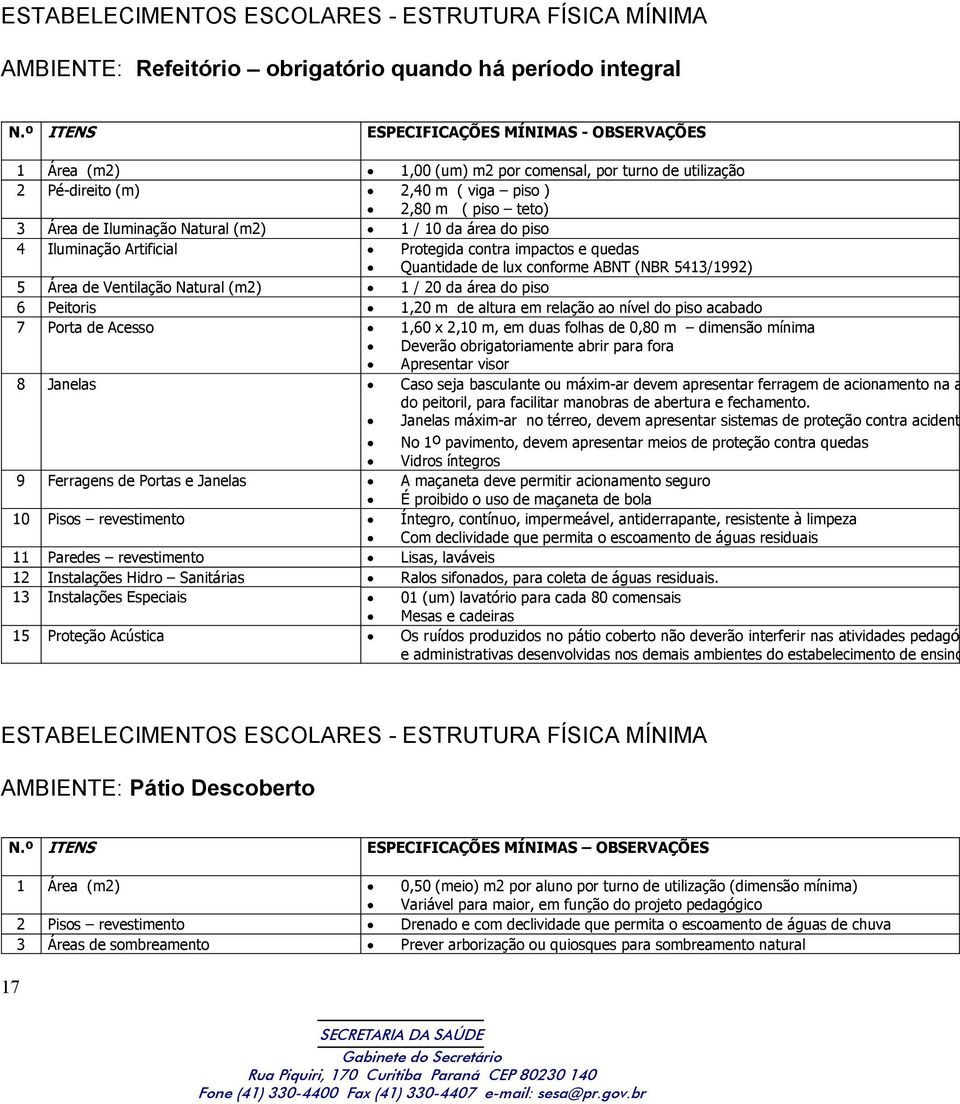 Pé-direito (m) 2,40 m ( viga piso ) 2,80 m ( piso teto) 3 Área de Iluminação Natural (m2) 1 / 10 da área do piso 4 Iluminação Artificial Protegida contra impactos e quedas Quantidade de lux conforme