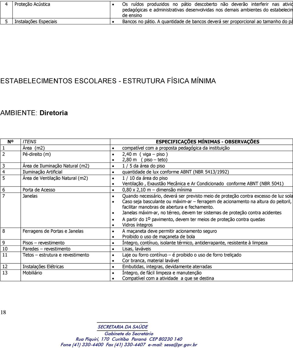 A quantidade de bancos deverá ser proporcional ao tamanho do pá ESTABELECIMENTOS ESCOLARES - ESTRUTURA FÍSICA MÍNIMA AMBIENTE: Diretoria Nº ITENS ESPECIFICAÇÕES MÍNIMAS - OBSERVAÇÕES 1 Área (m2)