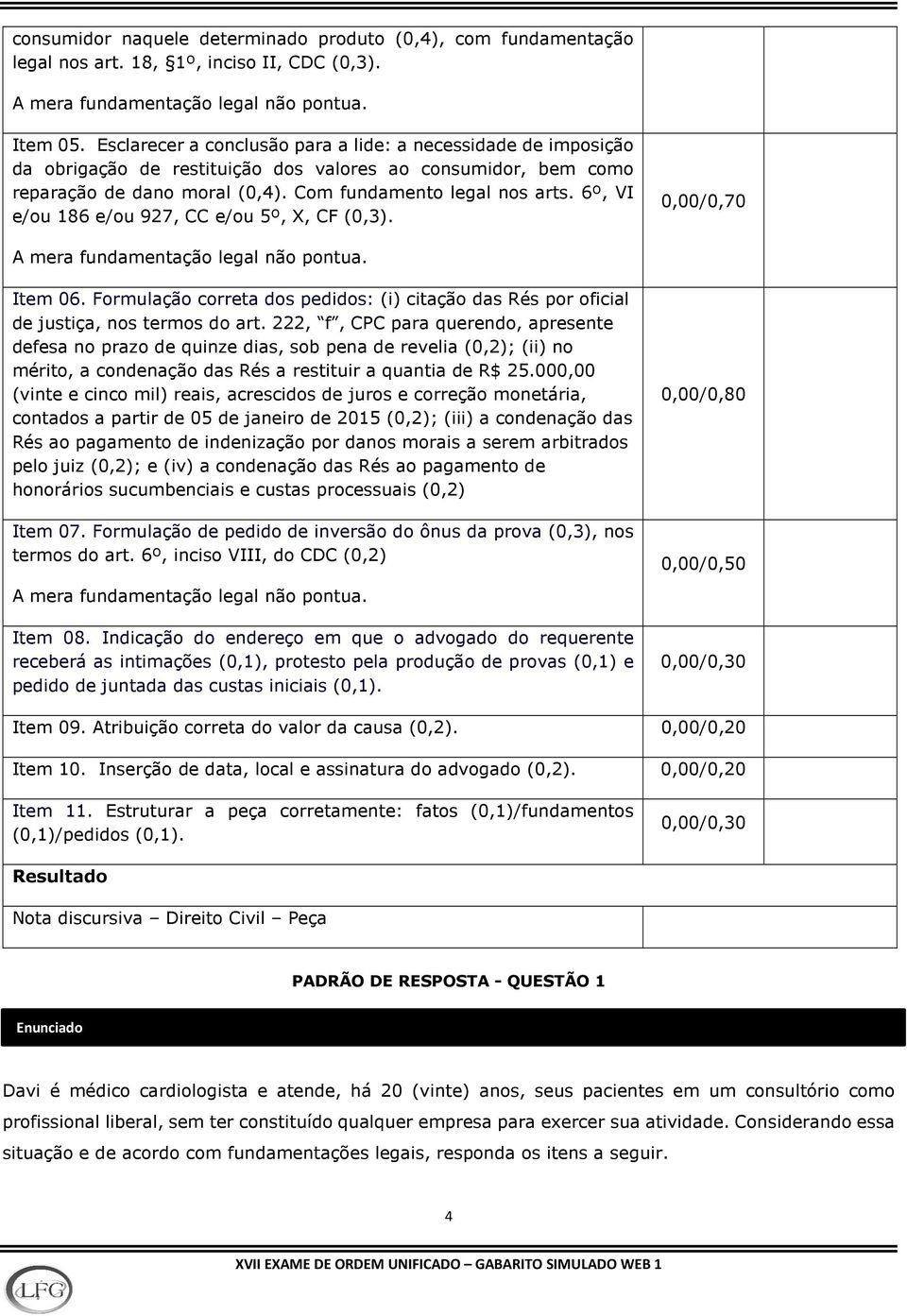 6º, VI e/ou 186 e/ou 927, CC e/ou 5º, X, CF (0,3). 0,00/0,70 A mera fundamentação legal não pontua. Item 06.