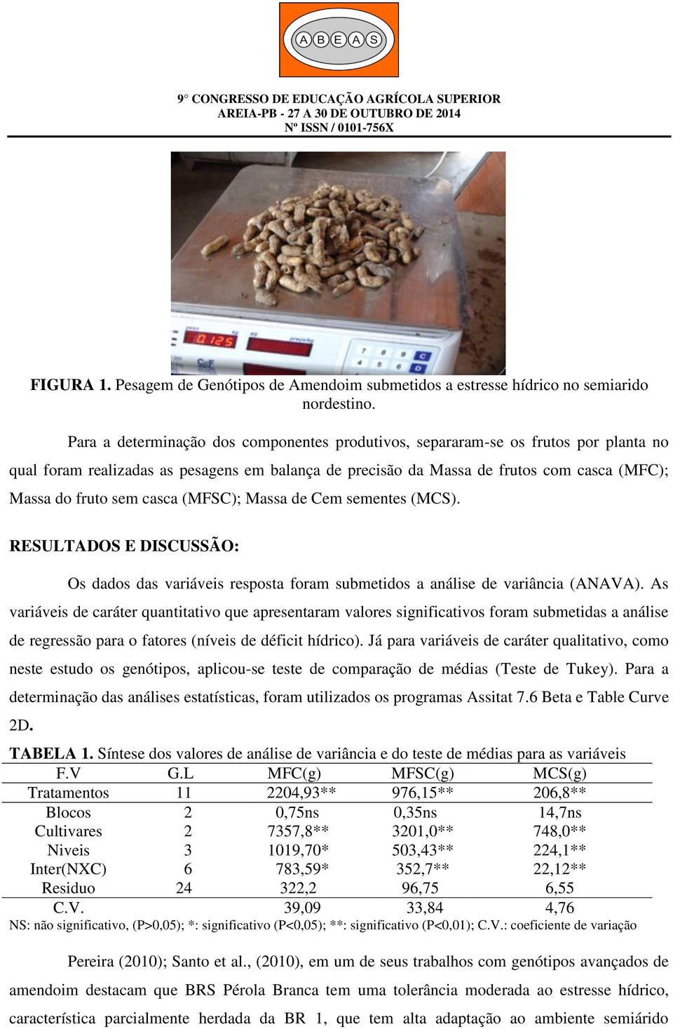 casca (MFSC); Massa de Cem sementes (MCS). RESULTADOS E DISCUSSÃO: Os dados das variáveis resposta foram submetidos a análise de variância (ANAVA).