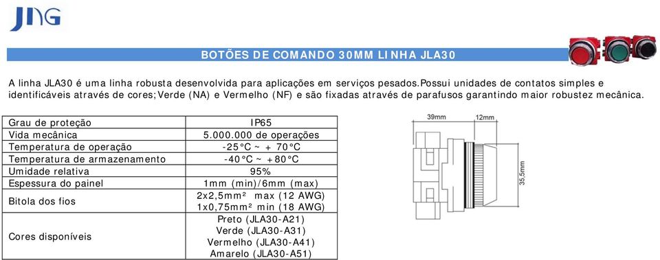 mecânica. Grau de proteção IP65 Vida mecânica 5.000.