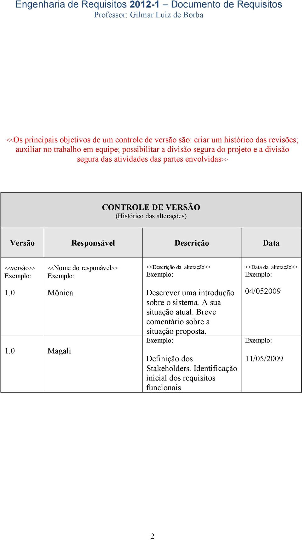 <<versão>> <<Nome do responável>> <<Descrição da alteração>> <<Data da alteração>> 1.0 Mônica 1.0 Magali Descrever uma introdução sobre o sistema.