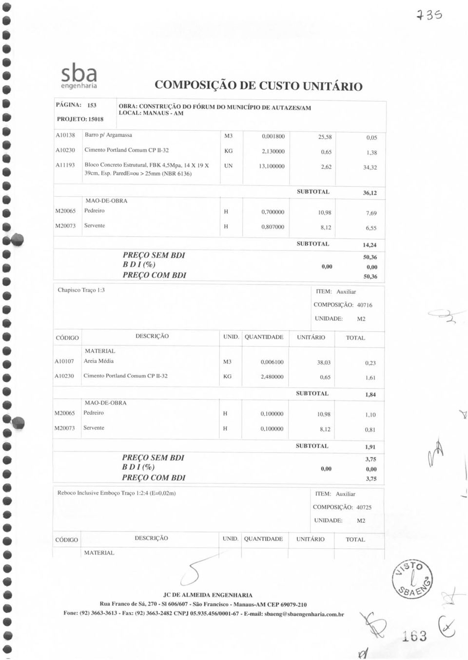 ParedE=ou > 25mm (NBR 6136) UN 13,100000 2,62 34,32 SUB 36,12 0065 0,700000 7,69 0073 0,807000 6,55 BDI(%) SUB 14,24 50,36 50,36 Chapisco Traço 1 :3