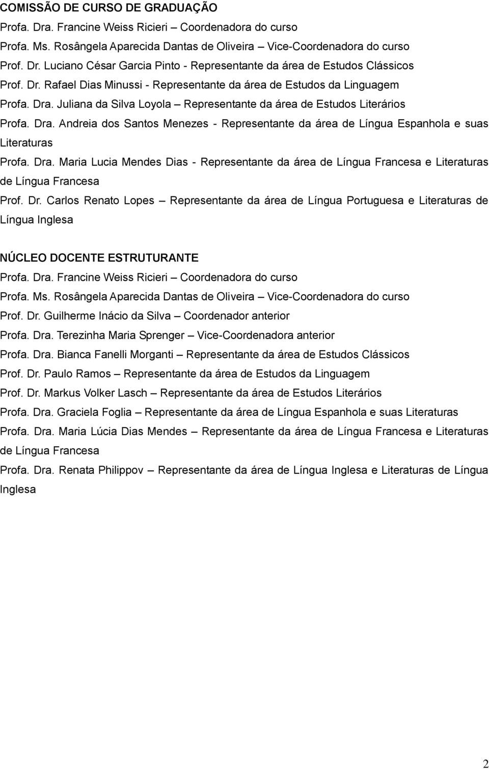 Dra. Maria Lucia Mendes Dias - Representante da área de Língua Francesa e Literaturas de Língua Francesa Prof. Dr.