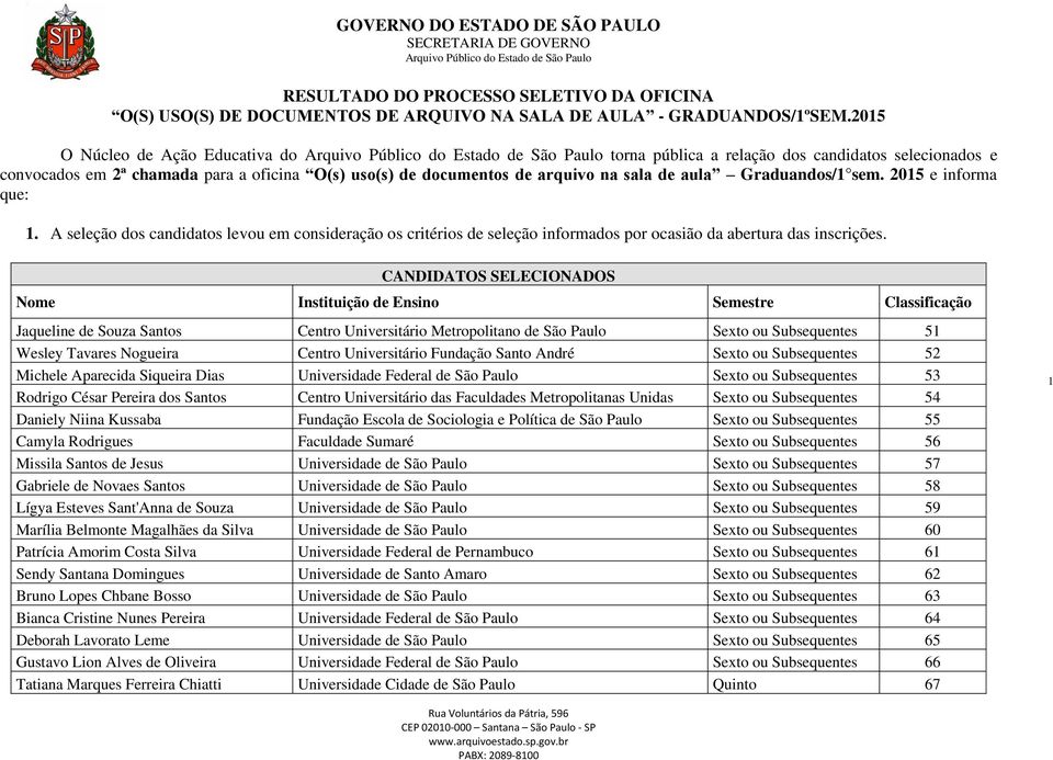 2015 e informa que: 1. A seleção dos candidatos levou em consideração os critérios de seleção informados por ocasião da abertura das inscrições.