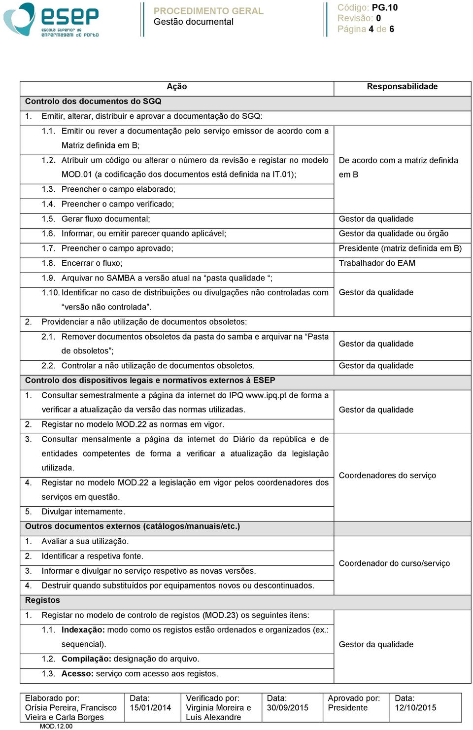 Preencher o campo elaborado; 1.4. Preencher o campo verificado; 1.5. Gerar fluxo documental; Gestor da qualidade 1.6. Informar, ou emitir parecer quando aplicável; Gestor da qualidade ou órgão 1.7.