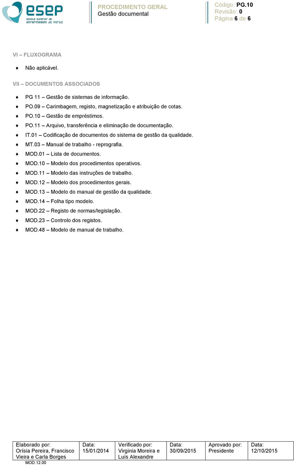 01 Lista de documentos. MOD.10 Modelo dos procedimentos operativos. MOD.11 Modelo das instruções de trabalho. MOD.12 Modelo dos procedimentos gerais. MOD.13 Modelo do manual de gestão da qualidade.