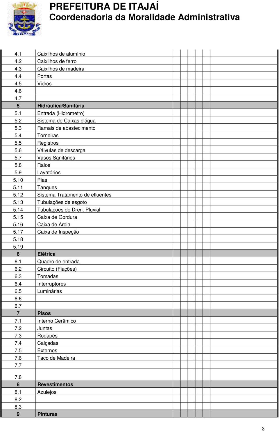 13 Tubulações de esgoto 5.14 Tubulações de Dren. Pluvial 5.15 Caixa de Gordura 5.16 Caixa de Areia 5.17 Caixa de Inspeção 5.18 5.19 6 Elétrica 6.1 Quadro de entrada 6.2 Circuito (Fiações) 6.