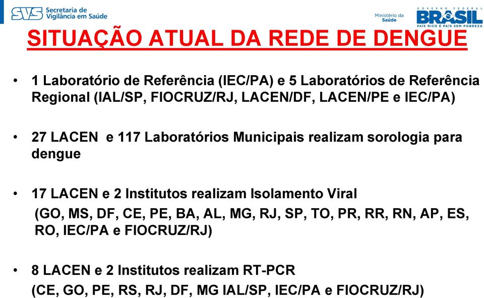 dengue 17 LACEN e 2 Institutos realizam Isolamento Viral (GO, MS, DF, CE, PE, BA, AL, MG, RJ, SP, TO, PR, RR, RN,