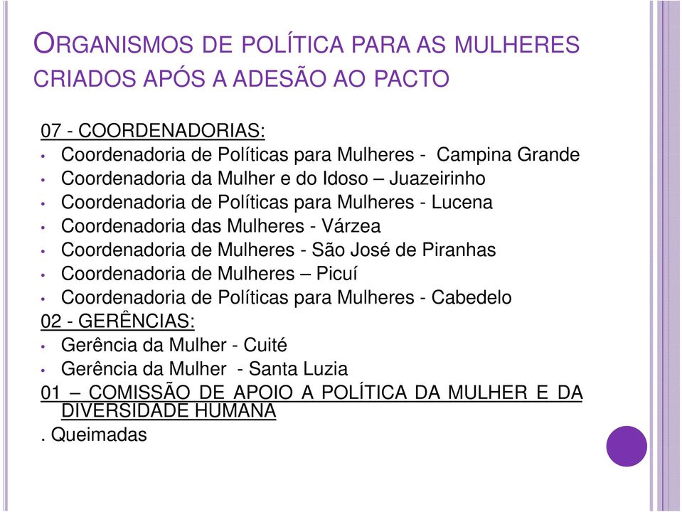 Várzea Coordenadoria de Mulheres - São José de Piranhas Coordenadoria de Mulheres Picuí Coordenadoria de Políticas para Mulheres - Cabedelo