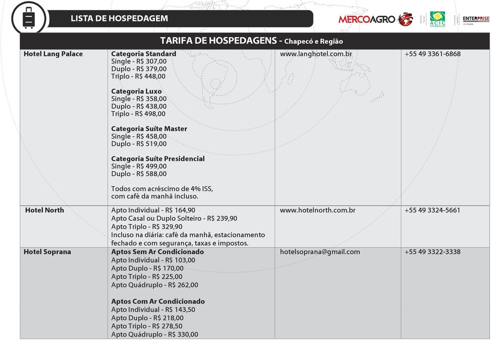 Duplo - R$ 588,00 Todos com acréscimo de 4% ISS, com café da manhã incluso.