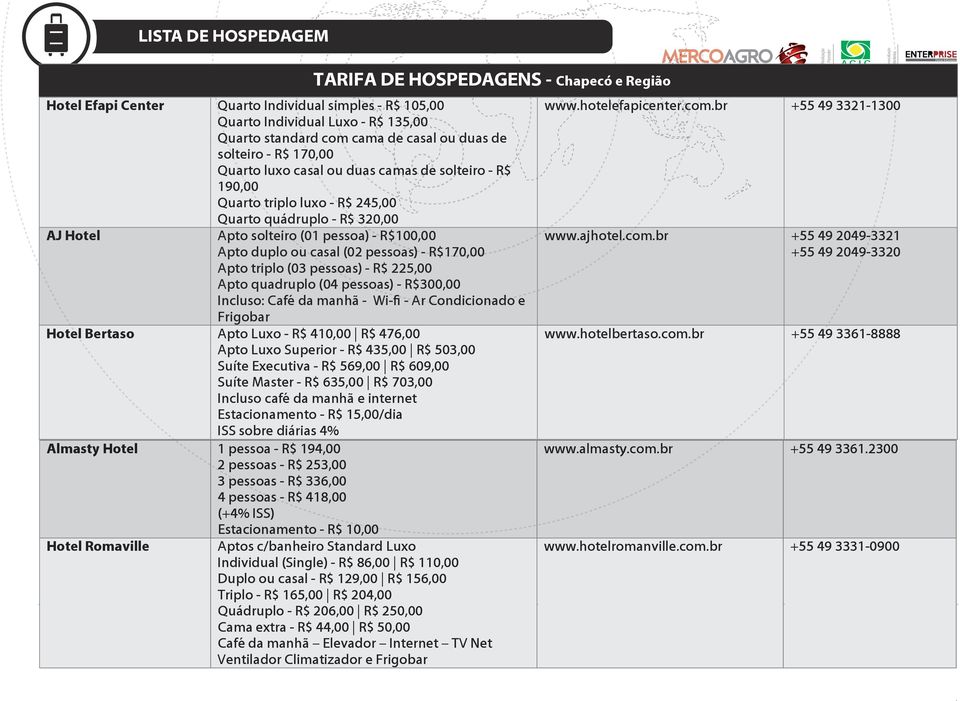 pessoa) - R$100,00 Apto duplo ou casal (02 pessoas) - R$170,00 Apto triplo (03 pessoas) - R$ 225,00 Apto quadruplo (04 pessoas) - R$300,00 Incluso: Café da manhã - Wi-fi - Ar Condicionado e Frigobar