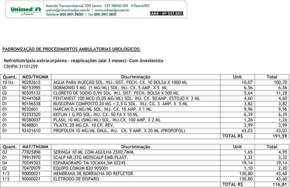 X 5 ML 6,56 6,56 02 90305132 CLORETO DE SODIO 0,9% SOL. INJ. SIST. FECH. BOLSA X 500 ML 5,64 11,28 01 92441068 FENTANEST 100 MCG (0,05 MG/ML) SOL. INJ. CX. 50 AMP.