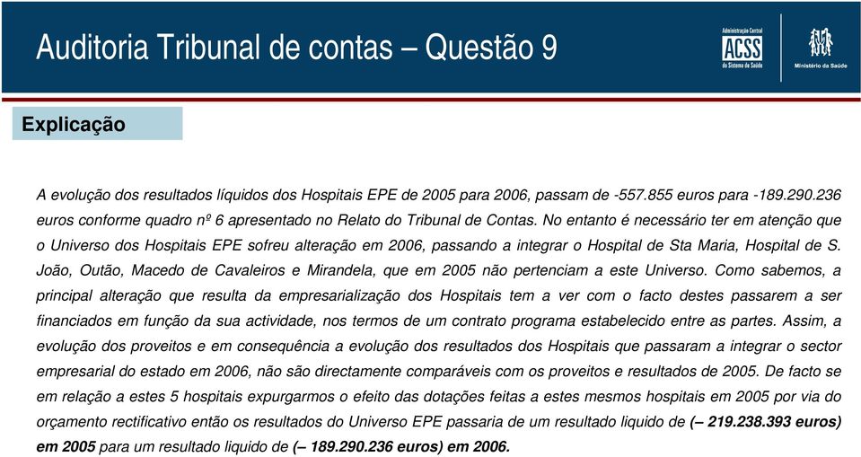 No entanto é necessário ter em atenção que o Universo dos Hospitais EPE sofreu alteração em 2006, passando a integrar o Hospital de Sta Maria, Hospital de S.