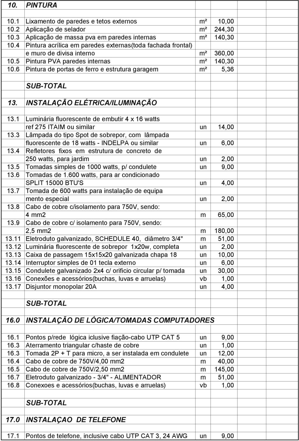 6 Pintura de portas de ferro e estrutura garagem m² 5,36 13. INSTALAÇÃO ELÉTRICA/ILUMINAÇÃO 13.1 Luminária fluorescente de embutir 4 x 16 watts ref 275 ITAIM ou similar un 14,00 13.