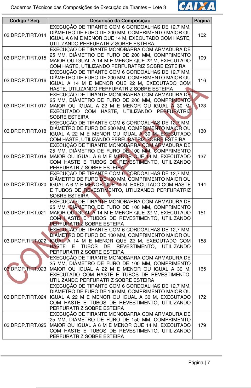 TIRT.015 109 MAIOR OU IGUAL A 14 M E MENOR QUE 22 M, EXECUTADO COM HASTE, UTILIZANDO PERFURATRIZ SOBRE ESTEIRA EXECUÇÃO DE TIRANTE COM 6 CORDOALHAS DE 12,7 MM, DIÂMETRO DE FURO DE 200 MM, COMPRIMENTO