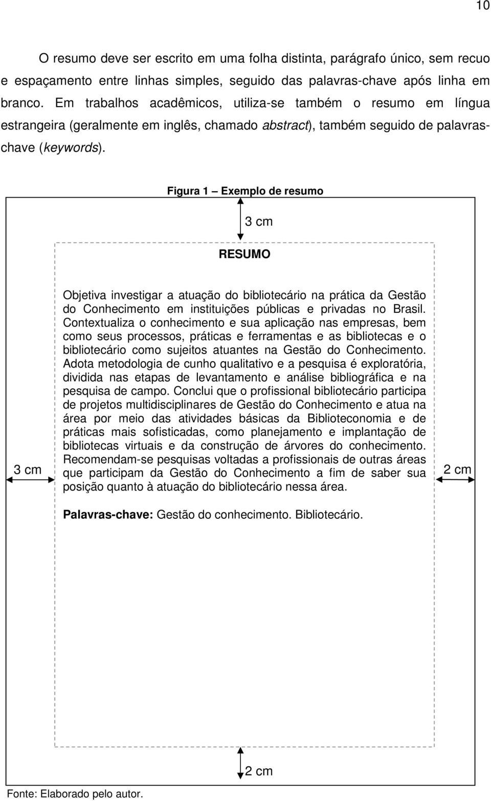 Figura 1 Exemplo de resumo 3 cm RESUMO 3 cm Objetiva investigar a atuação do bibliotecário na prática da Gestão do Conhecimento em instituições públicas e privadas no Brasil.