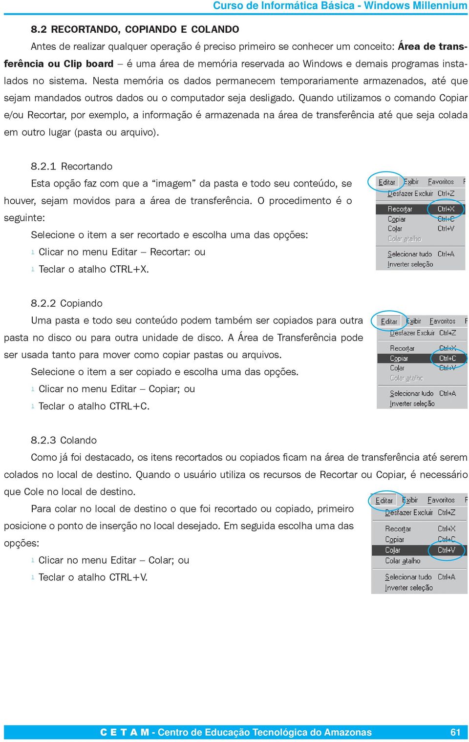 Quando utilizamos o comando Copiar e/ou Recortar, por exemplo, a informação é armazenada na área de transferência até que seja colada em outro lugar (pasta ou arquivo). 8.2.