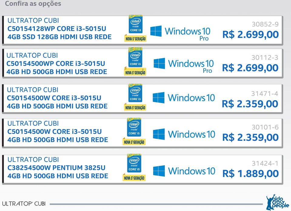 699,00 C50154500W CORE i3-5015u 31471-4 R$ 2.