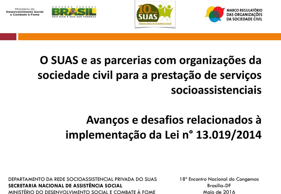 019/2014 DEPARTAMENTO DA REDE SOCIOASSISTENCIAL PRIVADA DO SUAS SECRETARIA NACIONAL DE