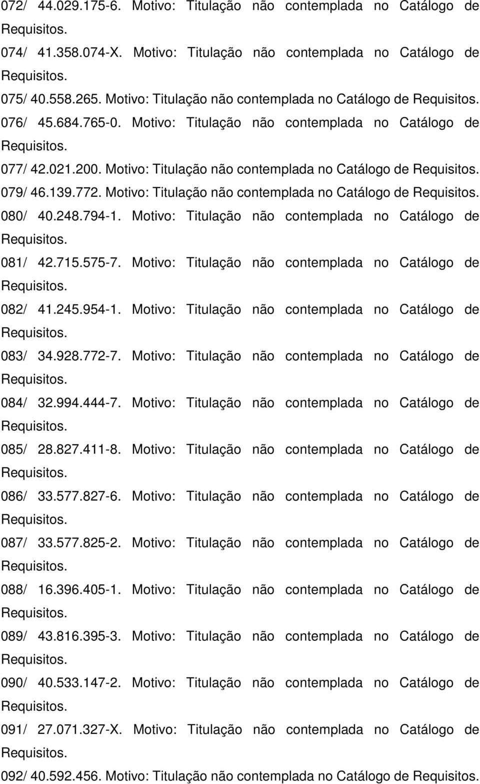 Motivo: Titulação não contemplada no Catálogo de 080/ 40.248.794-1. Motivo: Titulação não contemplada no Catálogo de 081/ 42.715.575-7. Motivo: Titulação não contemplada no Catálogo de 082/ 41.245.