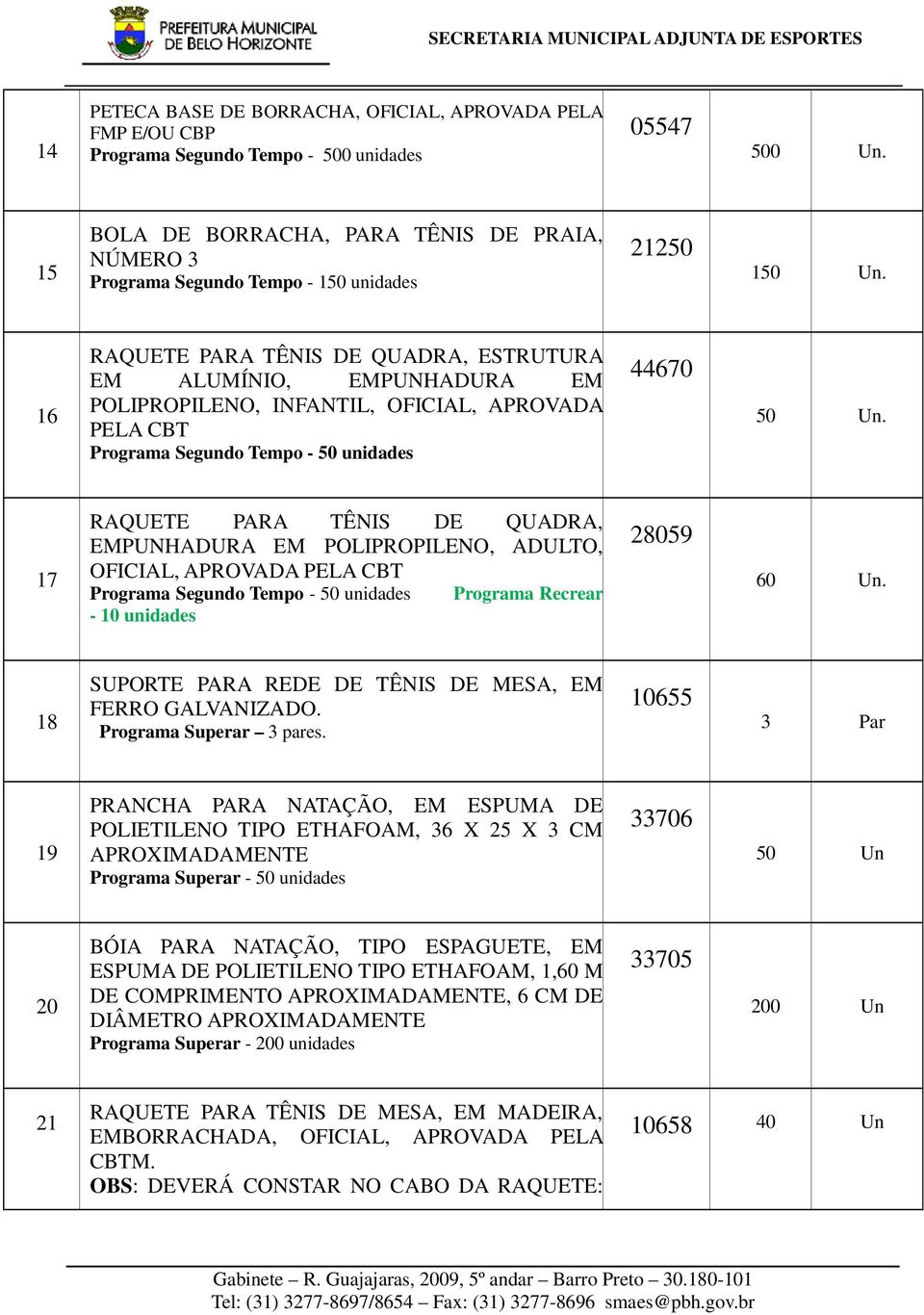 16 RAQUETE PARA TÊNIS DE QUADRA, ESTRUTURA EM ALUMÍNIO, EMPUNHADURA EM POLIPROPILENO, INFANTIL, OFICIAL, APROVADA PELA CBT Programa Segundo Tempo - 50 unidades 44670 50 Un.