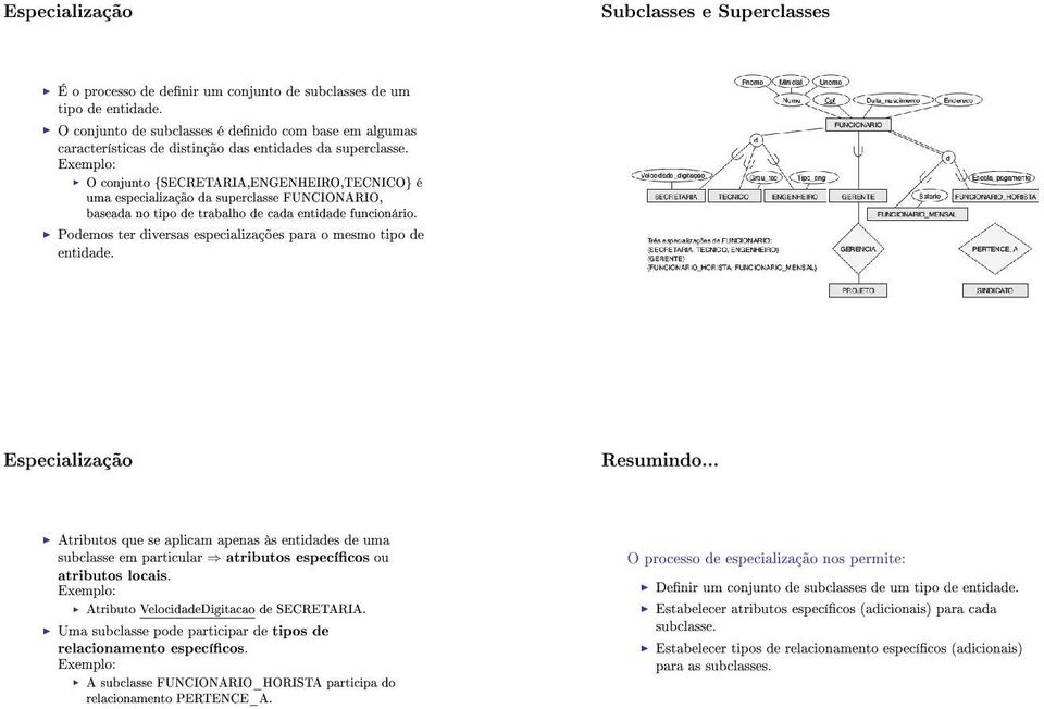 O conjunto {SECRETARIA,ENGENHEIRO,TECNICO} é uma especialização da superclasse FUNCIONARIO, baseada no tipo de trabalho de cada entidade funcionário.