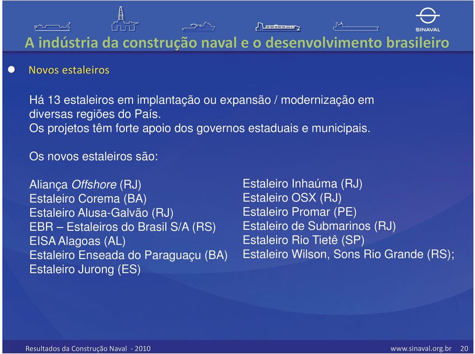 Os novos estaleiros são: Aliança Offshore (RJ) Estaleiro Corema (BA) Estaleiro Alusa-Galvão (RJ) EBR Estaleiros do Brasil S/A (RS)