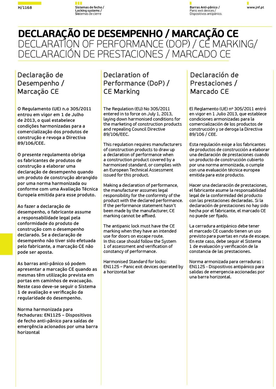(DoP) / CE Marking Declaración de Prestaciones / Marcado CE O Regulamento (UE) n.