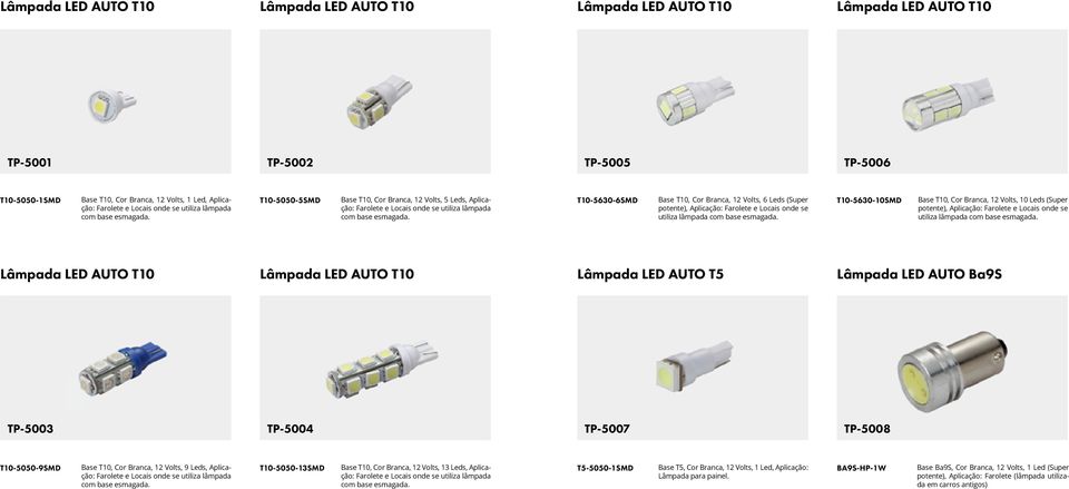 T10-5630-6SMD Base T10, Cor Branca, 12 Volts, 6 Leds (Super potente), Aplicação: Farolete e Locais onde se utiliza lâmpada com base esmagada.