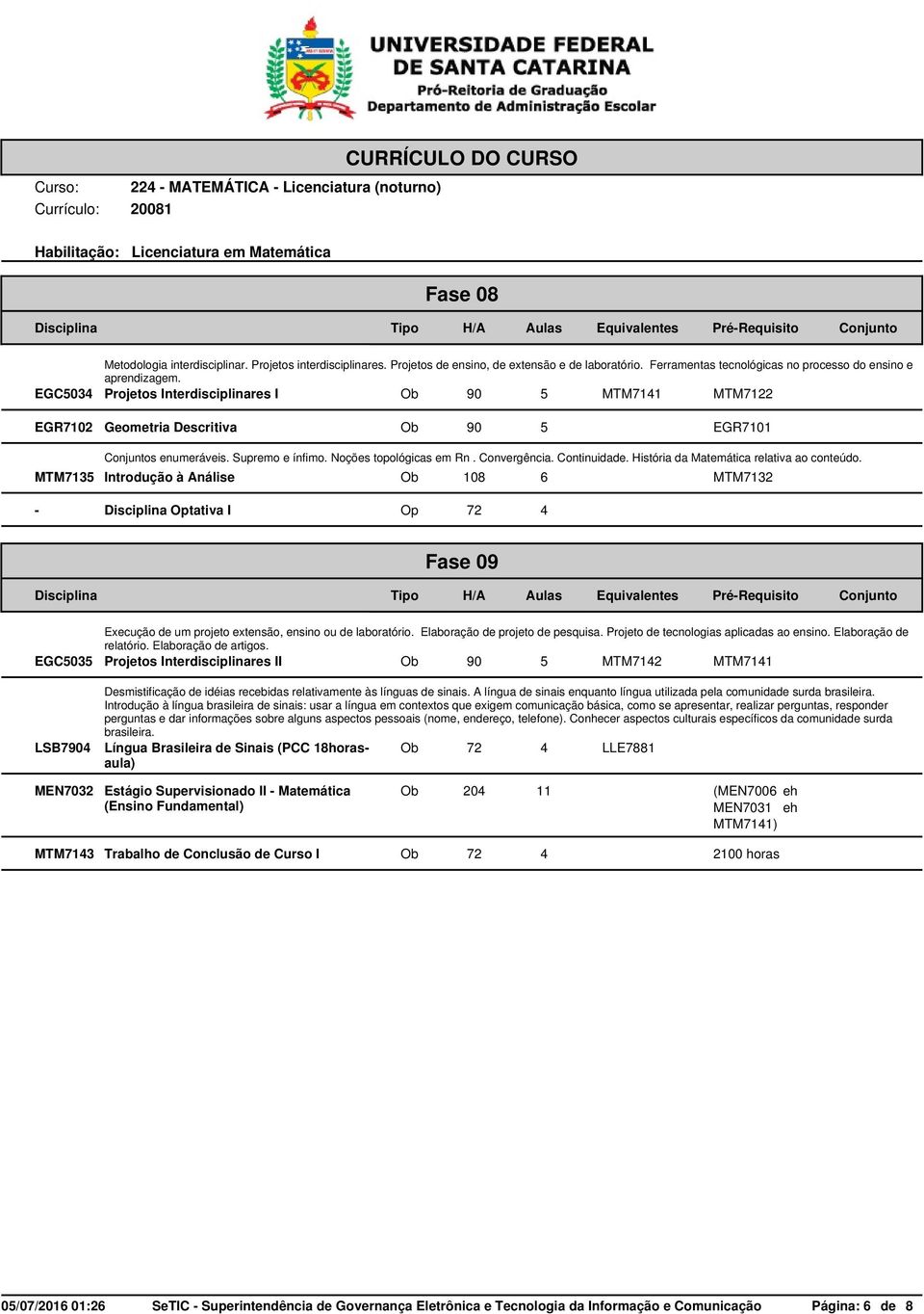 História da Matemática relativa ao conteúdo. MTM7135 Introdução à Análise - Optativa I MTM7132 Fase 09 Execução de um projeto extensão, ensino ou de laboratório. Elaboração de projeto de pesquisa.